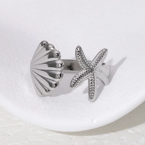 Silver starfish and seashell open adjustable ring in minimalist summer ocean style