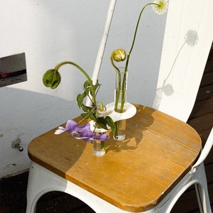 Minimalist double test tube glass vase with a white circular base in natural sunlight