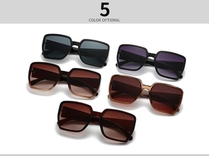 Detail showing five color options of fashionable large square sunglasses on white background