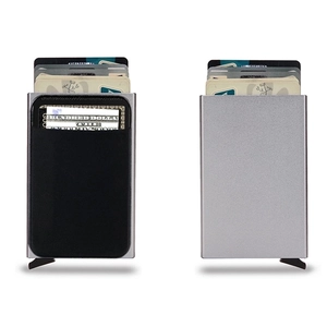 Dual view of RFID blocking metal card holder with pop-up slider and leather cash pocket