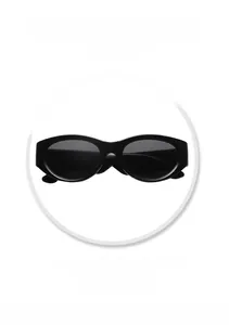 Macro view of polished black oval sunglasses frame with UV protection dark lenses