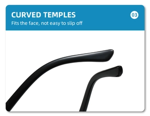 Detail of curved non-slip temples on half-rim cat-eye sunglasses for a secure fit