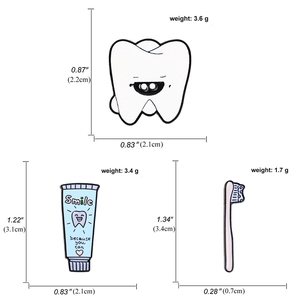 Cartoon tooth, toothpaste and toothbrush enamel pins set with detailed dimensions