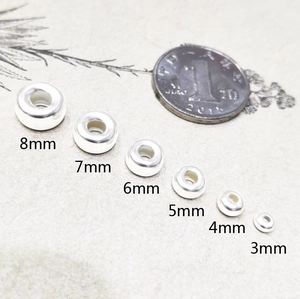 S925 sterling silver beads in sizes 3mm to 8mm shown next to a coin for scale
