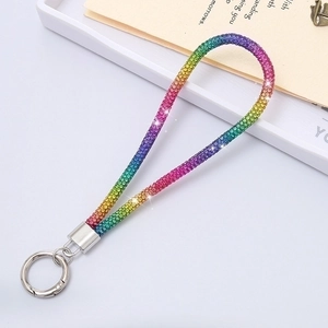 Luxury rainbow rhinestone phone lanyard wrist strap with silver metal clasp clasp keychain