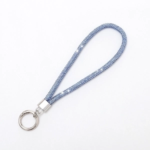 Sparkling blue rhinestone chain keychain with premium silver metal clasp on white background