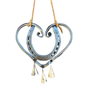 Lucky Love wind chime with horseshoe heart pendant and three rustic metal bells