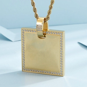 Elegant gold square pendant necklace featuring CNC inlaid zircons on a twisted rope chain