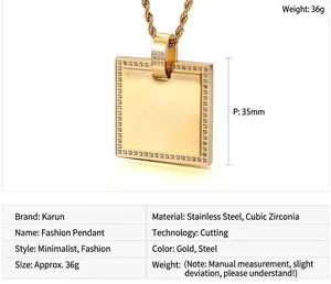 Macro detail of square zircon pendant with dimensions 35mm and 36g weight on rope chain