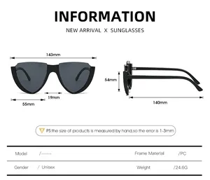 Size chart for V-shaped cat-eye sunglasses with detailed frame measurements in millimeters