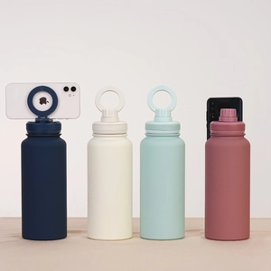 Detail of insulated water bottles in four colors showing magnetic phone holder lids