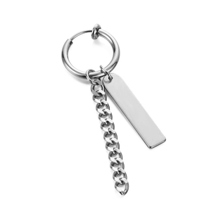 Minimalist silver cross chain drop earring with polished rectangular tag and metal hoop