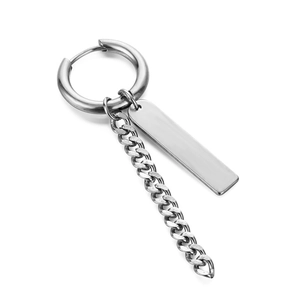 Close-up of silver punk earring with cuban chain and polished rectangular metal tag
