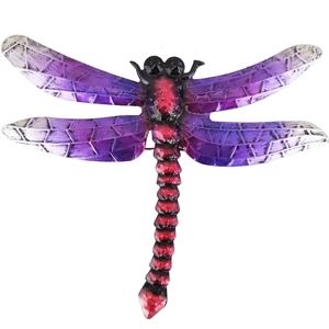 Detailed view of metal dragonfly wall decor with purple gradient wings and geometric patterns