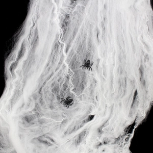 Realistic white Halloween spider web decoration with two black spiders for festive party decor