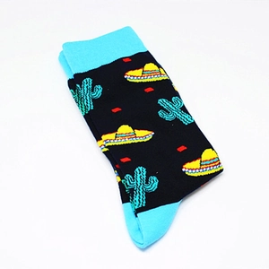 Detail view of black crew socks featuring colorful cactus and sombrero patterns
