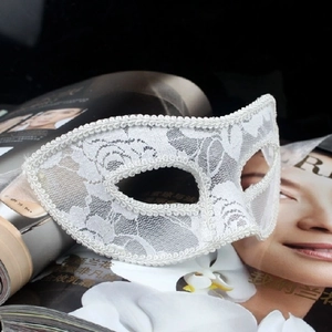 Elegant white lace Venetian eye mask with floral rose pattern for masquerade parties