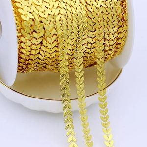 Detailed macro view of 18K gold-plated copper leaf chain jewelry components on a spool