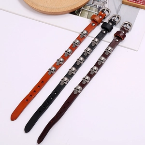 Punk style leather skull bracelets in black and brown with metal buckles for men and women