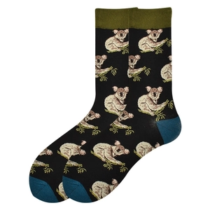 Men's cotton crew socks featuring cute black koala patterns and green ribbed cuffs