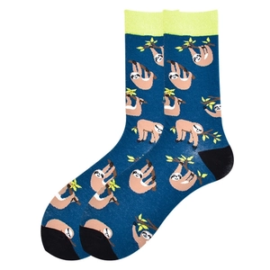 Detail of dark blue crew socks featuring a cute sloth pattern with yellow cuffs