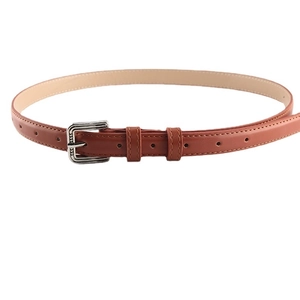 Classic brown leather belt for women with silver metal buckle and dual loops