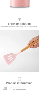 Dettaglio del manico in legno ergonomico e della testa in silicone rosa degli utensili da cucina