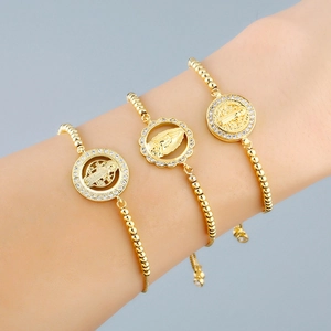 Religious Medal Bolo Bracelet Copper Gold Plated Cubic Zirconia Virgin Mary Adjustable Sliding Clasp Fashion Jewelry Women