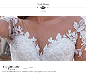 Detail view of white lace floral embroidery on the V-neck and shoulder of a wedding gown