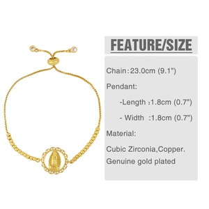 Detail of gold zircon bracelet showing Virgin Mary pendant and adjustable slide chain