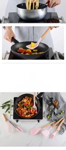 Dettaglio macro di utensili da cucina in silicone resistenti con manici in legno