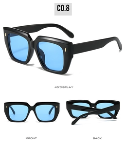 Detailed views of square black sunglasses with rivets and light blue translucent lenses