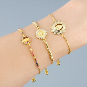 Adjustable Bracelet Copper Gold Plated Religious Virgin Mary St Benedict Micro Inlaid Cubic Zirconia Sliding Chain