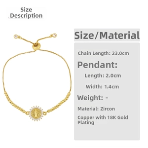 Detail of adjustable 18K gold plated Saint Benedict medal bracelet with micro-pave zircons