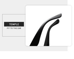 Detail of cat eye sunglasses temple in glossy black with ergonomic ear fit design