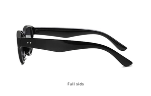 Detail view of black cat-eye sunglasses with glossy finish and silver double rivets