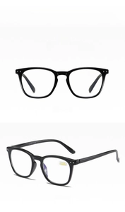Detail view of glossy black square frames with blue light blocking lenses and +1.50 power
