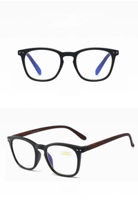 Macro view of blue light blocking reading glasses with spring hinges and wood grain temples