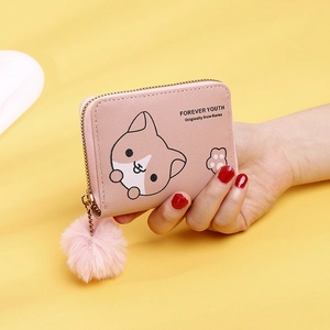 Pink PU leather short wallet with cute cartoon animal pattern and pompom pendant