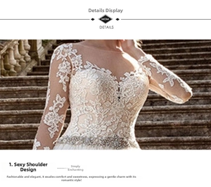 Détail d'une robe de mariée en dentelle à manches longues avec ceinture à paillettes