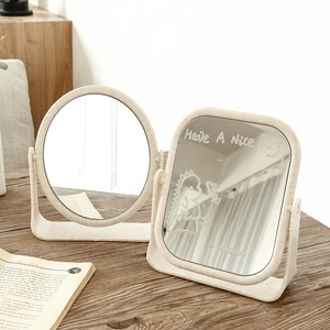 Desktop Double Sided Makeup Mirror Wheat Straw Eco Friendly Swivel High Definition Minimalist Style Round Square Oval