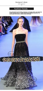 Detailed close-up of crystal rhinestones and beads on a wide elastic waist belt for dresses