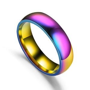Dettaglio di un anello in acciaio inossidabile con sfumature arcobaleno e finitura lucida