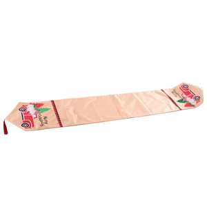 Linen Christmas table runner with red truck, tree motifs and decorative red tassels