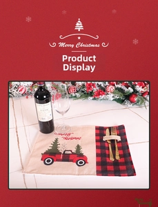 Close-up of Christmas placemat with red truck embroidery and cutlery storage pocket