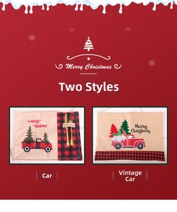 Close-up of linen Christmas placemats with embroidered festive trucks and cutlery pocket