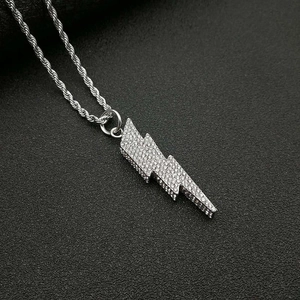 Silver hip hop lightning pendant necklace with iced out crystals and twist rope chain