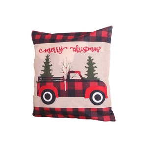 Christmas pillow cover with vintage plaid truck and Merry Christmas text on linen