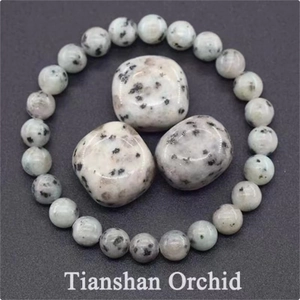 Macro detail of Tianshan Orchid natural stone beaded bracelet with matching raw mineral stones