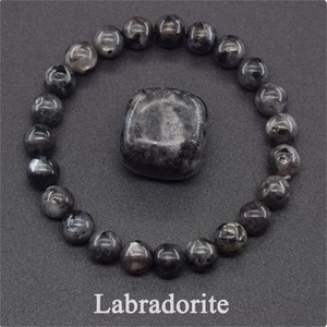 Top view of natural grey Labradorite beaded bracelet featuring a raw focal stone